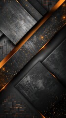 Textured black and orange abstract design combines geometric shapes and luminous accents for a...