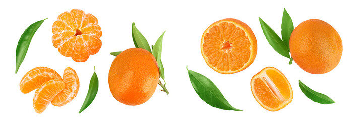 Tangerine or clementine with green leaf isolated on white background with full depth of field. Top view. Flat lay