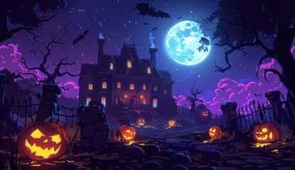Creepy Halloween Background: Haunted House, Pumpkins, and Lanterns at Night
