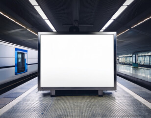 White blank box poster mockup in metro station. Design material.  With copy space.