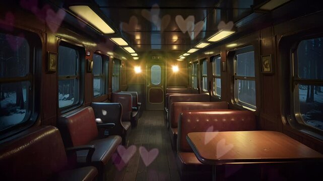 View inside an old train carriage with comfortable and relaxing seats. Seamless 4K looping timelapse video animation