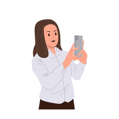 Happy smiling positive woman office worker cartoon character taking selfie photo by mobile camera