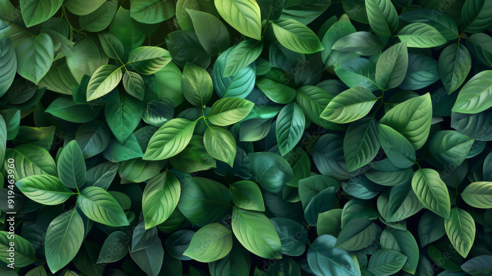 Wall mural A vibrant close-up of lush green leaves, symbolizing growth, nature, life, freshness, and renewal.