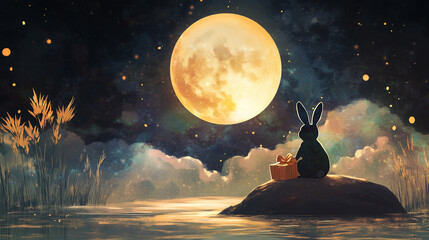 Chuseok, Autumnal Korean holiday backdrop with an adorable rabbit holding a present, full moon in the night sky, with a serene and warm feel, for Korean Thanksgiving Day, the Asian Mid Autumn festival