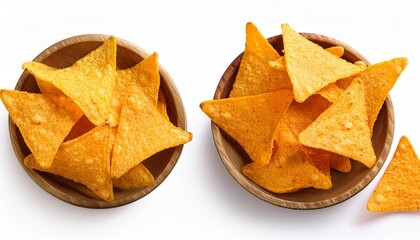 Nachos chips isolated on white background. Crispy chips Top view. Flat lay. Creative food layout.