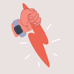 Cartoon vector illustration of lightning bolts and stars. Hand hold lightning