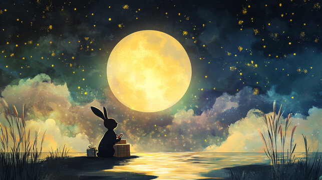 Chuseok, Autumnal Korean holiday backdrop with an adorable rabbit holding a present, full moon in the night sky, with a serene and warm feel, for Korean Thanksgiving Day, the Asian Mid Autumn festival