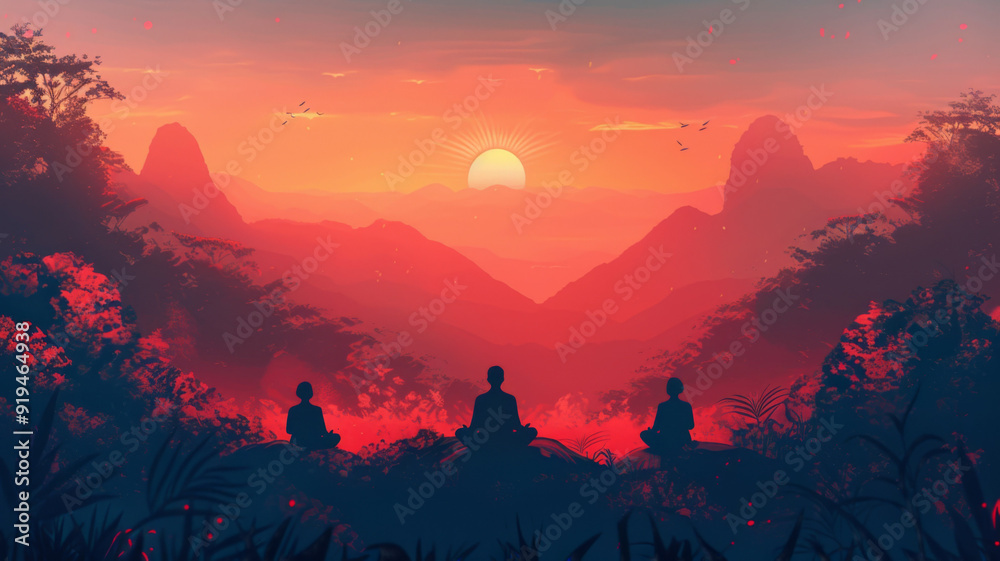 Poster Three figures meditate peacefully on a mountaintop, surrounded by nature, as the sun sets on the horizon creating a serene and inspiring scene.