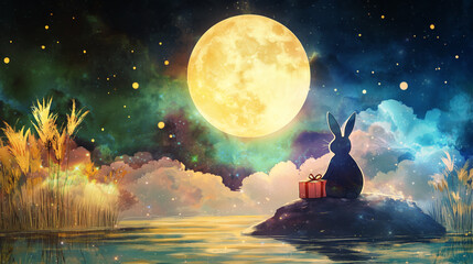Chuseok, Autumnal Korean holiday backdrop with an adorable rabbit holding a present, full moon in the night sky, with a serene and warm feel, for Korean Thanksgiving Day, the Asian Mid Autumn festival