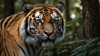 a tiger close up sideview in the forest isolated