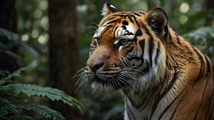 tiger in the wild close up sideview from the bush isolated 