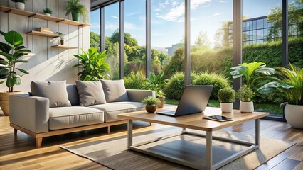 Fototapeta premium Modern minimalist living room with sleek laptop and tablet on coffee table, surrounded by potted plants and floor-to-ceiling windows letting in natural light.