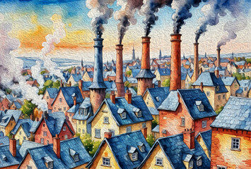 Fototapeta premium Oil painting. City Architecture. Cartoon . Buildings with chimneys. Pattern for printing on wall decorations, fabrics, and for use in graphics. Generated by Ai