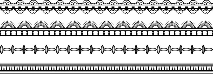 Vector monochrome set of seamless indian national native american borders. Endless ethnic ornaments of the peoples of America, Aztec, Maya, Inca, Peru, Brazil, Mexico, Honduras, Guatemala.
