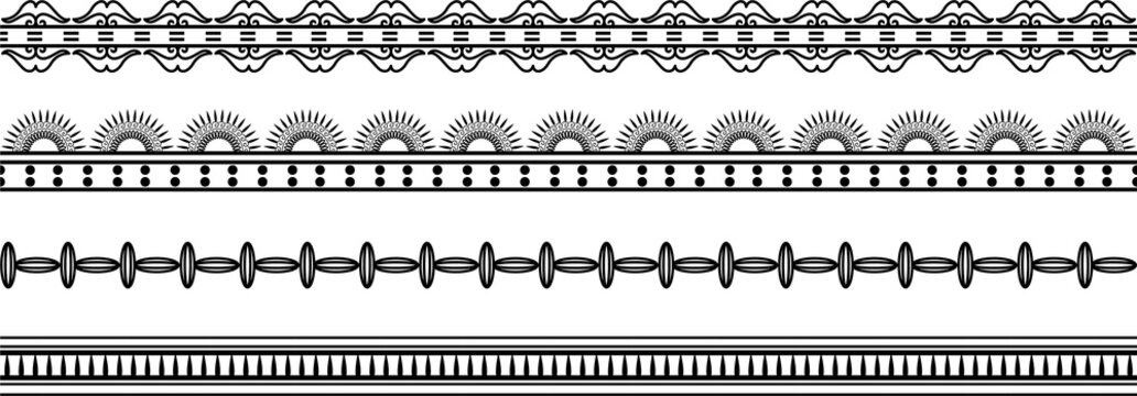 Vector monochrome set of seamless indian national native american borders. Endless ethnic ornaments of the peoples of America, Aztec, Maya, Inca, Peru, Brazil, Mexico, Honduras, Guatemala.