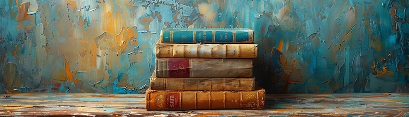 A stack of vintage books on a rustic wooden surface against a textured blue background. Ideal for literature, education, and vintage-themed projects.
