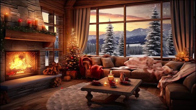 Cozy Cabin Living Room with Fireplace, Christmas Decor, and Snowy Mountain View at Sunset for Relaxation and Lo-Fi Music Ambiance