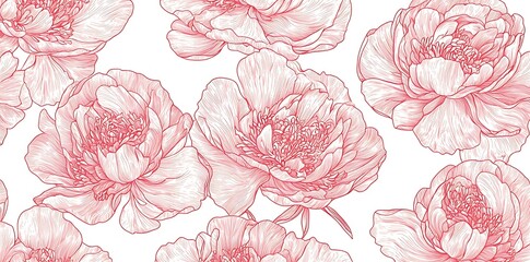 Red line art peonies on white background seamless pattern.