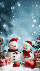 Fototapeta premium Two cheerful snowmen with Santa hats and scarves amidst snowy fir trees and presents under a snowfall, creating a festive holiday scene.