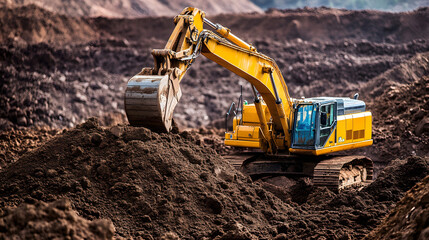 Yellow excavator digging at a construction site, moving piles of dirt and soil on a sunny day with rugged terrain in the background.