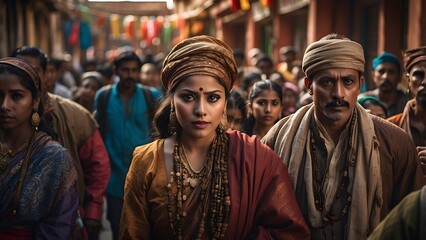 Obraz premium A diverse group of people, wearing traditional dresses standing in a street, blurred background view, world culture day, diversification