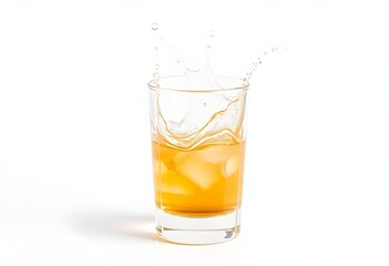 Glass shot of tequila splashing on white background