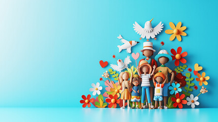 Family Day fater mother and childrens deccorate with flower and birds 3d render