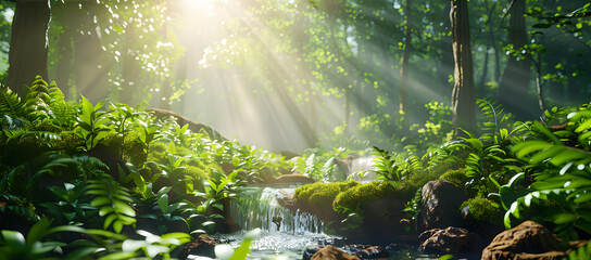 Fototapeta premium Serene and Lush Green Forest Scene with Sunlight Filtering Through Dense Canopy and a Tranquil Stream Flowing Through the Woods, Perfect for Nature and Wellness Themes