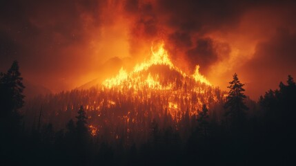 Naklejka premium A massive forest fire engulfs a mountain at dusk