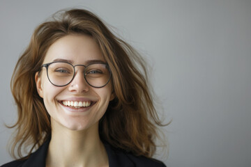 Obraz premium Joyful young woman with messy hair laughs widely against a plain light gray studio background for digital advertising.