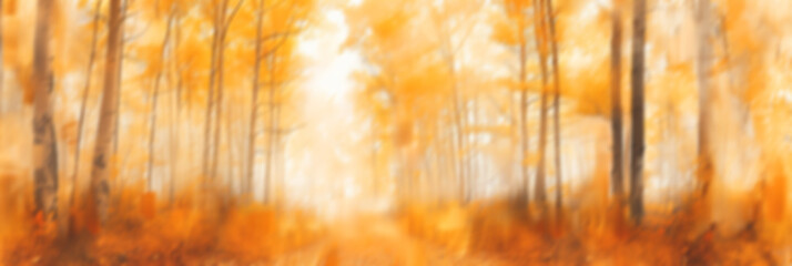 The blurred romantic autumn panoramic background creates the autumn mood. Leaf fall. Golden magical autumn light, fresh cool air, bright autumn leaves. Background, wallpaper, postcard, banner.