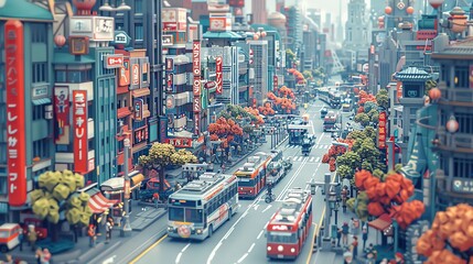 Vibrant city street with buses and architecture, lined with colorful trees and bustling with activity in a modern urban environment.