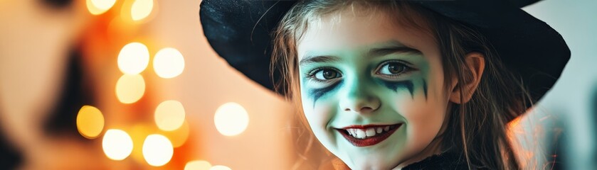 Fototapeta premium Smiling child dressed as a witch with green face paint and a black hat, glowing lights in the background, celebrating Halloween.