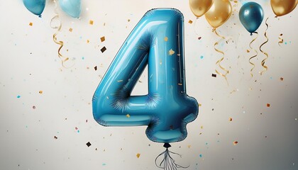 Blue birthday balloon, number 4, white background with confetti