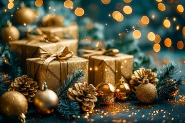 Beautiful and festive Christmas scene featuring elegant golden decorations and a variety of sparkling lights illuminating the space