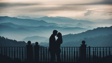 A couple kissing on a balcony overlooking the mountains, AI