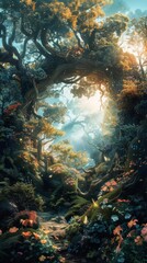 Obraz premium A magical forest scene with sunlight filtering through dense foliage and colorful flowers, creating a serene and enchanting atmosphere.