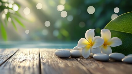 Tranquil spa scene with white plumeria flowers and smooth stones on wooden surface, surrounded by lush green foliage and soft sunlight.