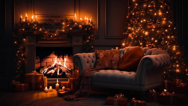 Elegant Christmas Living Room with Fireplace, Glowing Christmas Tree, and Cozy Decor for Relaxation and Lo-Fi Music Ambiance