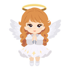 Cute little angel girl with halo and curly orange hair - Christmas vector illustration