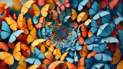Vibrant Butterflies in Spiral Formation, Colourful Swirling Insects for Dynamic Nature-Themed Designs