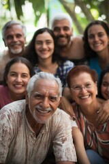 Obraz premium A group of people, including a man with a beard and glasses, are smiling and posing for a photo