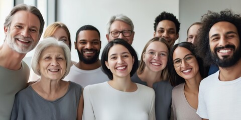 A group of people are smiling for the camera. The group is diverse, with people of different ages and races. Scene is happy and friendly, as everyone is posing together and enjoying the moment