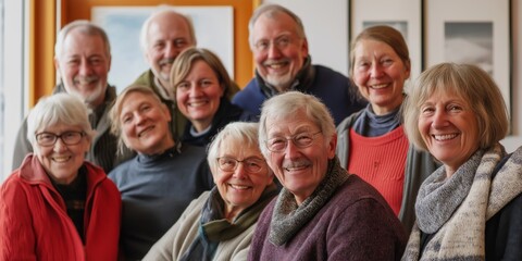 Fototapeta premium A group of older people are smiling for the camera. They are all wearing glasses and some are wearing scarves. Scene is happy and friendly