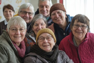 Obraz premium A group of older people are smiling for the camera. They are wearing hats and jackets, and some of them are wearing glasses. Scene is cheerful and friendly