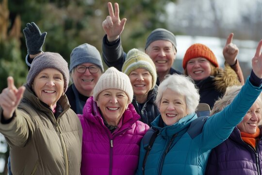 A group of older people are smiling and giving thumbs up. They are wearing hats and jackets, and are posing for a picture