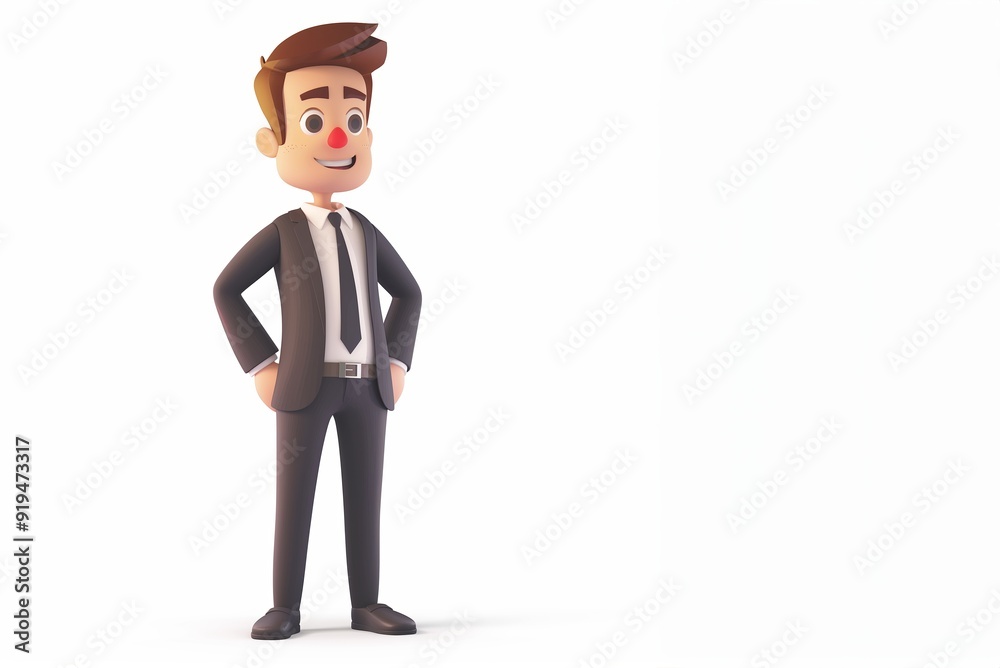 Wall mural Happy smile cartoon character office businessman person in 3d style design pointing finger attention idea in blue suit on light background.