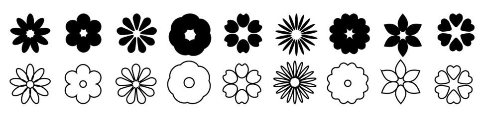 Set of flower icons. 
Collection of black, floral outlines.
Geometric, abstract silhouettes of flowers.Vector illustration.