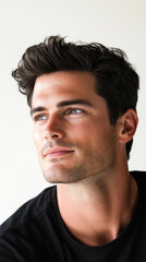 Fototapeta premium Man with blue eyes looking thoughtful to the side.