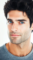 Fototapeta premium Close-up of young man with blue eyes in grey shirt.